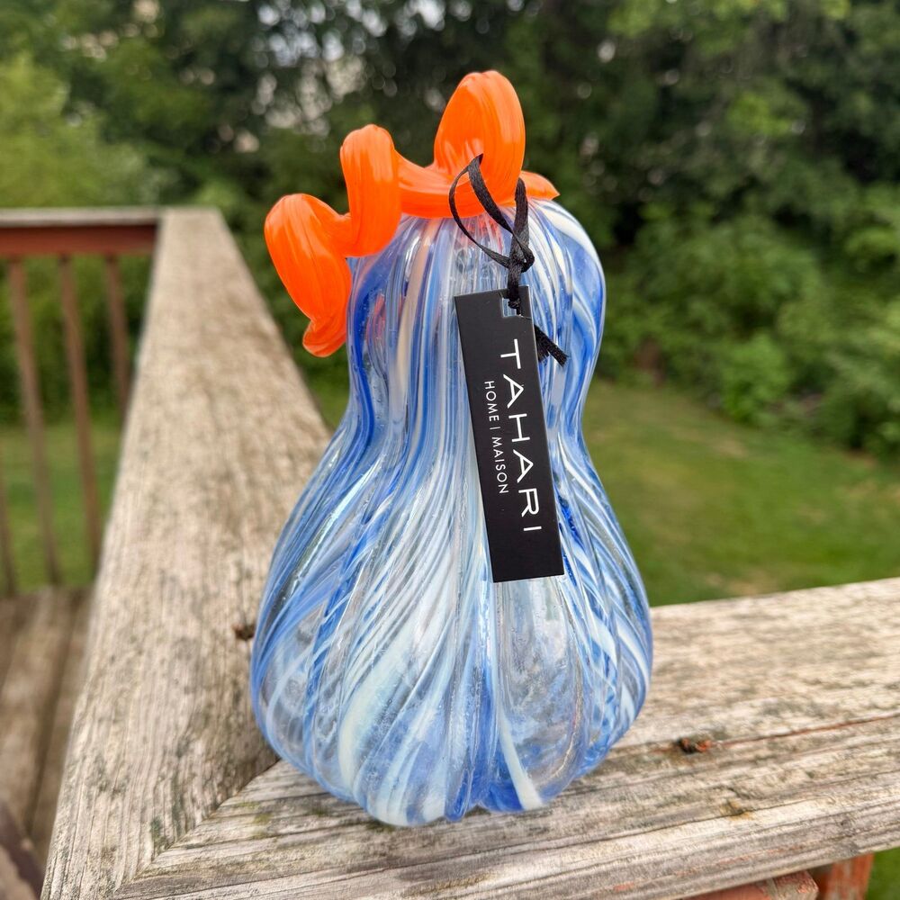 NEW Tahari Glass Pumpkin Gourd 8” Tall Orange Stem Blue White Swirl